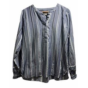 LOFT Ann Taylor Women's Medium Striped Blue Cotton Blouse 1/4 Button